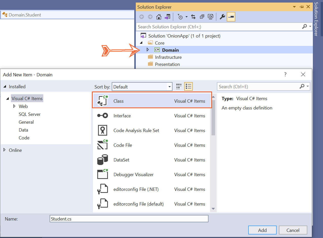 adding new class visual studio