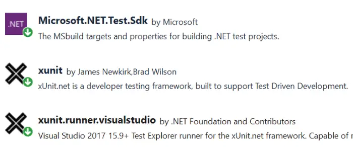 xunit xunit.runner.visualstudio Microsoft.NET.Test.Sdk