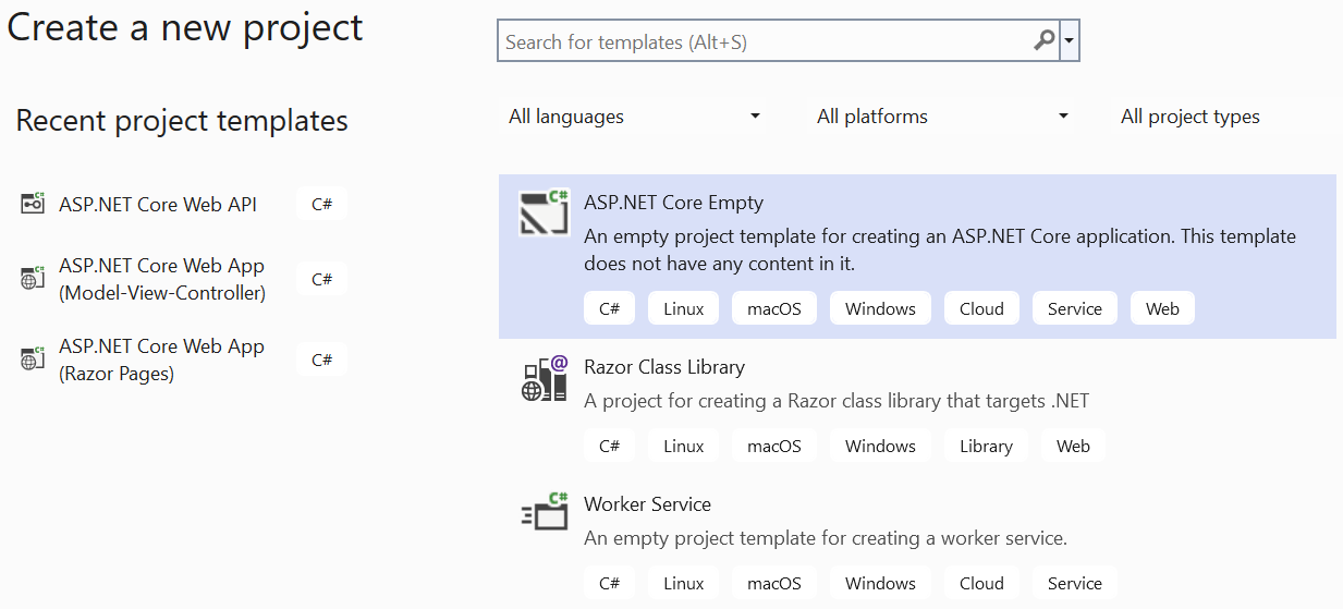 asp.net core Empty project