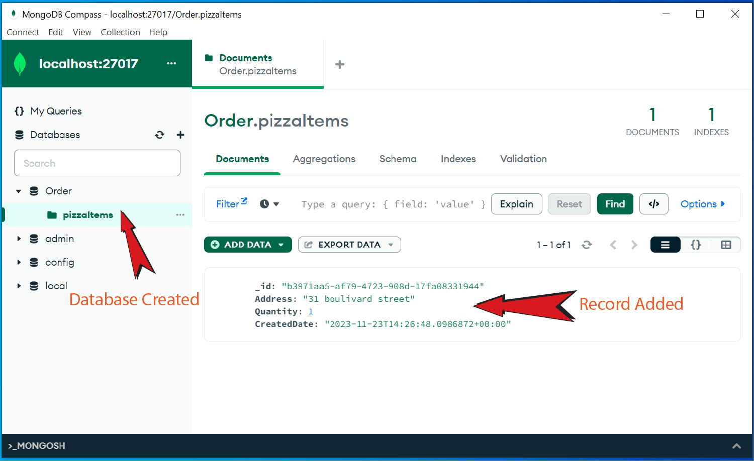 record added to mongodb database