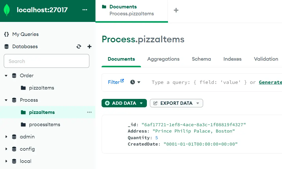 pizzaItems Collection MongoDB