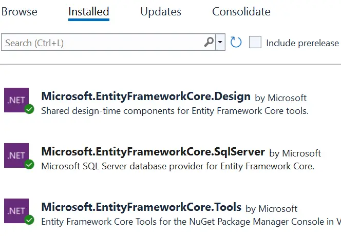 entity framework core packages