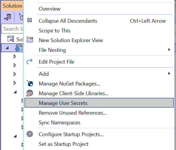 Manage User Secrets Visual Studio