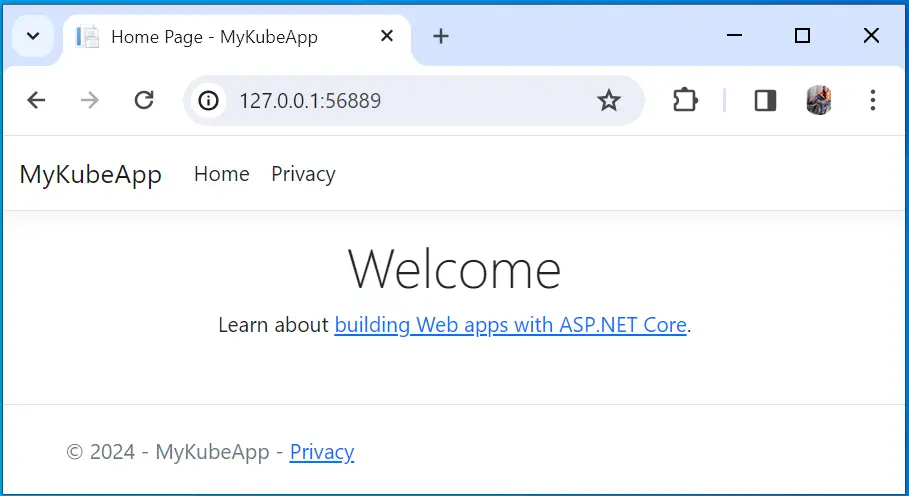 Minikube ASP.NET Core app opened in Browser